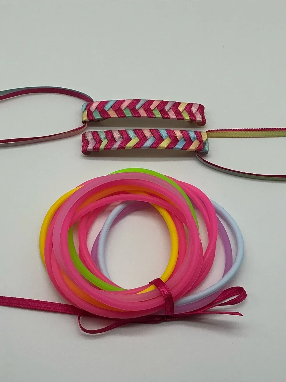 Pink and Pastel Rainbow 80s Barrettes & 12 Jelly Bracelets